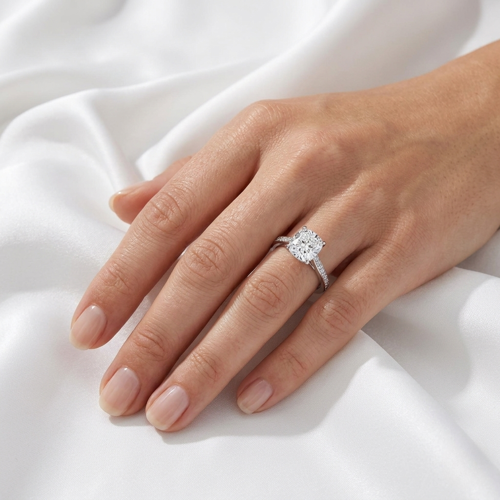 Cushion Cut Lab Grown Diamond Pavé Cathedral Ring | F VS2 | Wide Pavé | 14K 18K