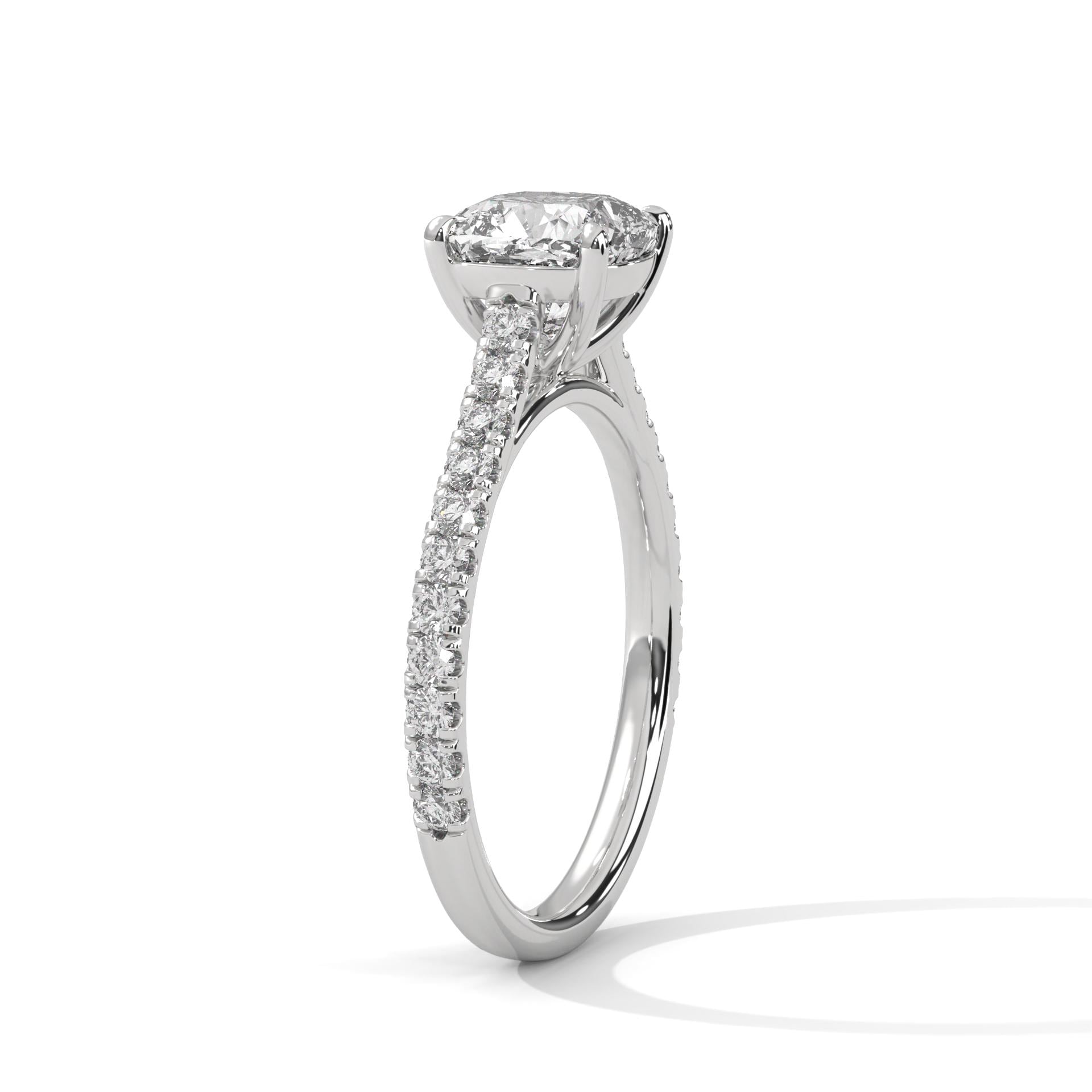 Underside view of white gold cathedral mount for cushion cut lab diamond