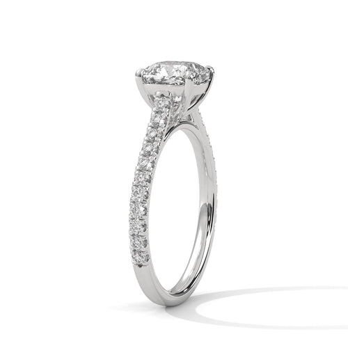 Underside view of white gold cathedral mount for cushion cut lab diamond