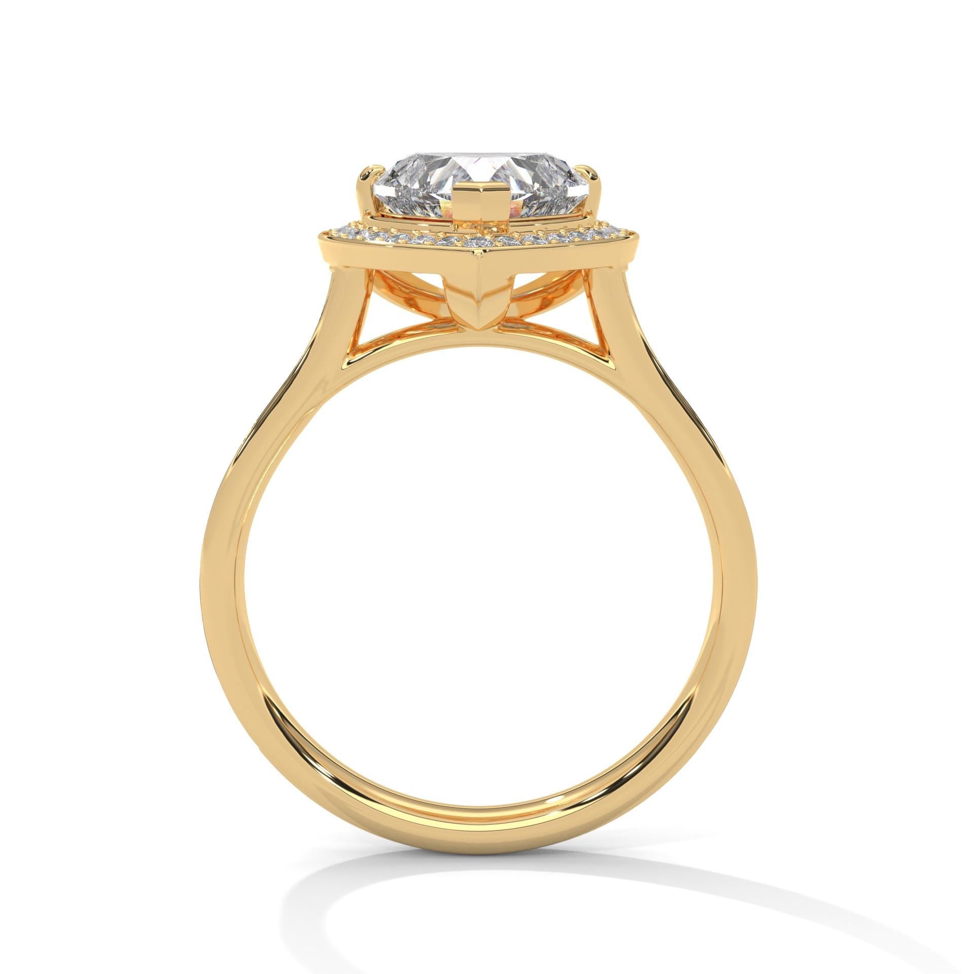 Side view of yellow gold heart halo ring showing elegant cathedral arches