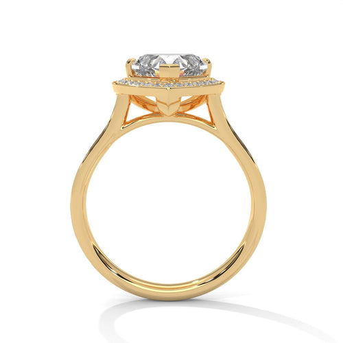 Side view of yellow gold heart halo ring showing elegant cathedral arches