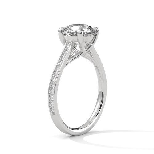 Elevated white gold cathedral mount for round brilliant lab diamond.