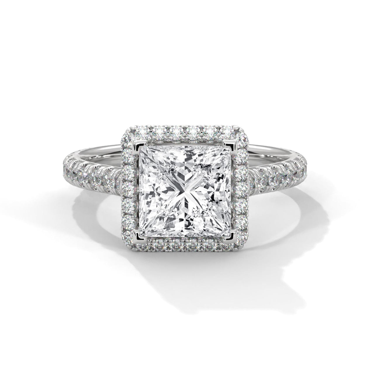 Princess cut lab grown diamond halo cathedral ring with pavé band in white gold