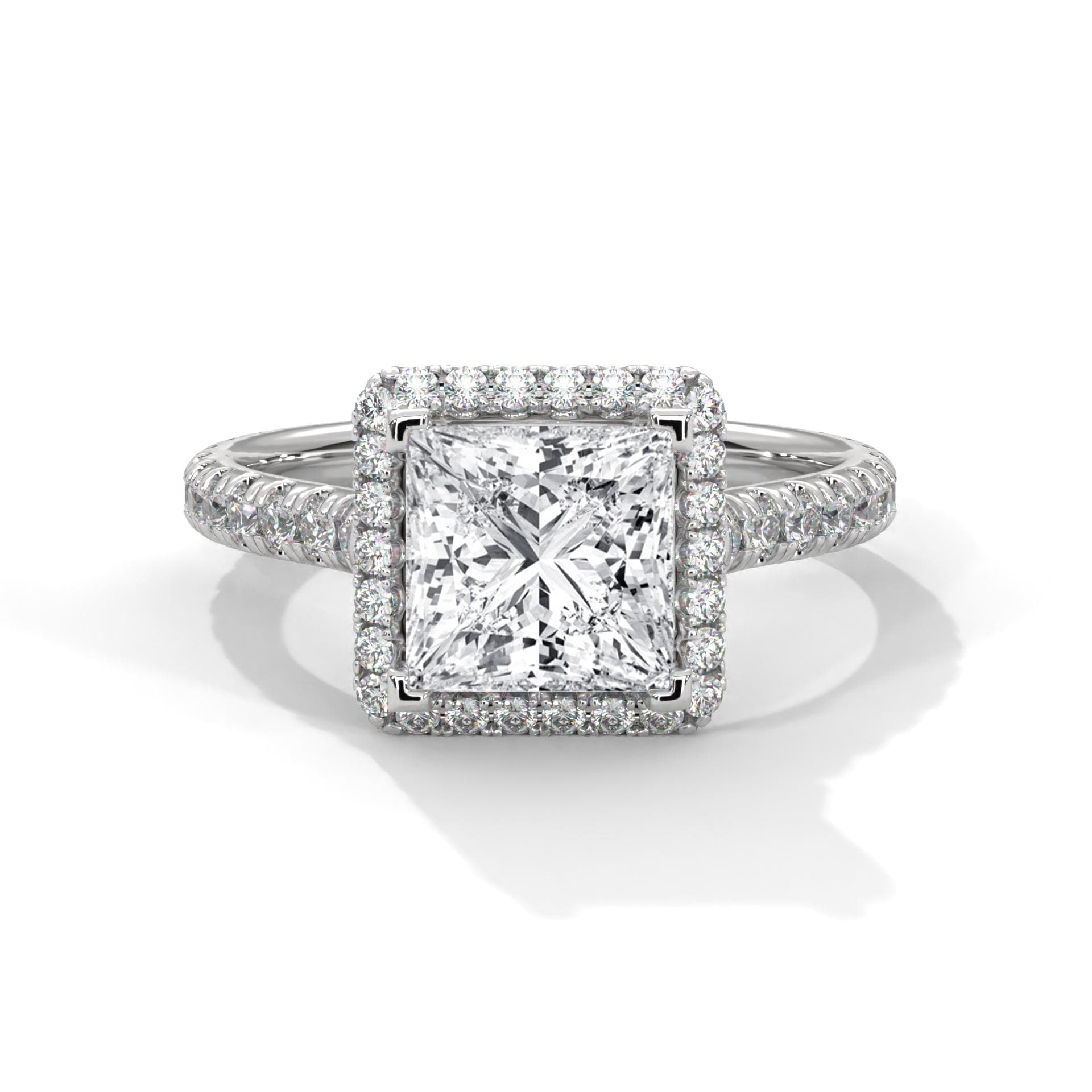 Princess cut lab grown diamond halo cathedral ring with pavé band in white gold