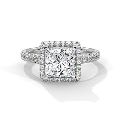 Princess cut lab grown diamond halo cathedral ring with pavé band in white gold