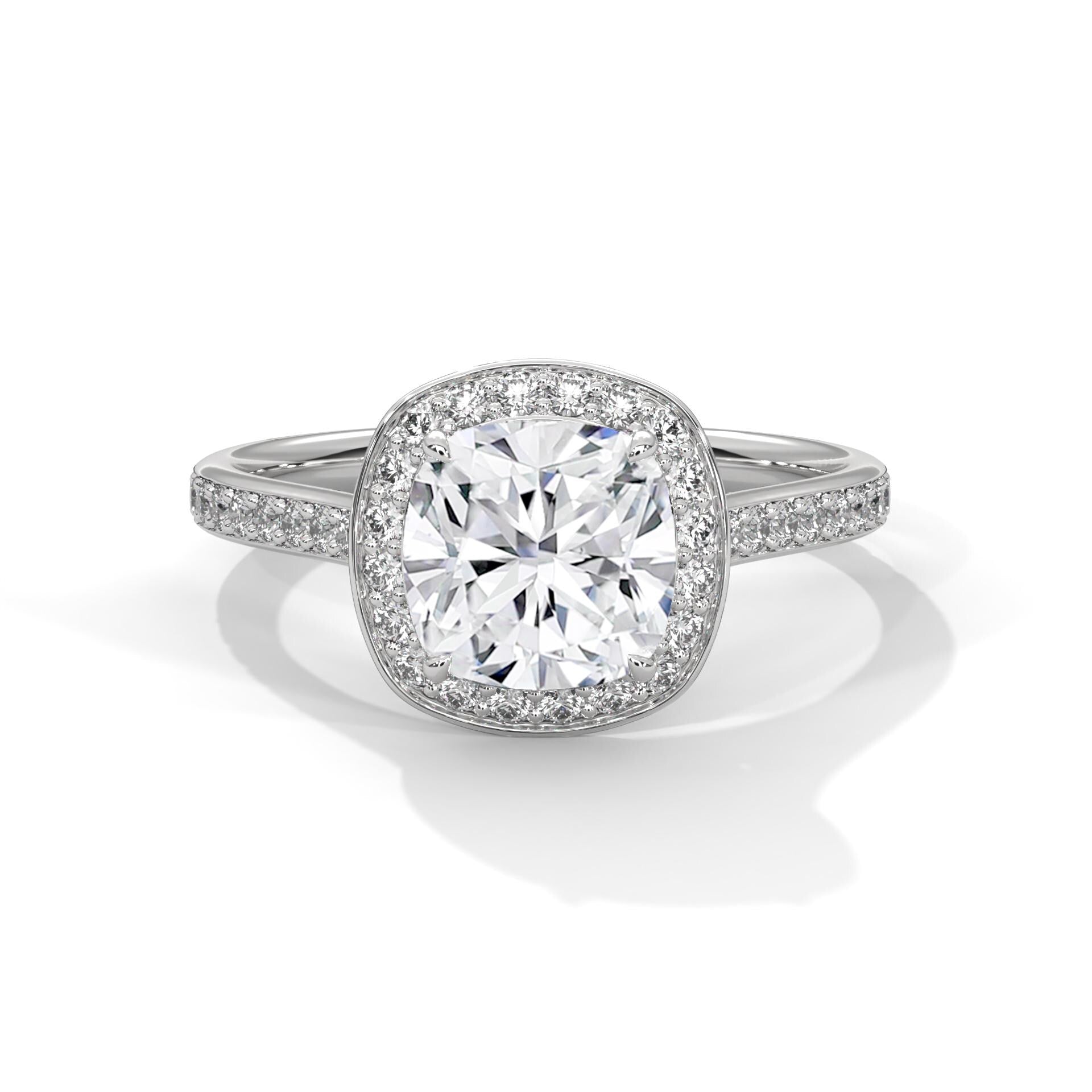 D color colorless cushion cut lab diamond halo ring in white gold