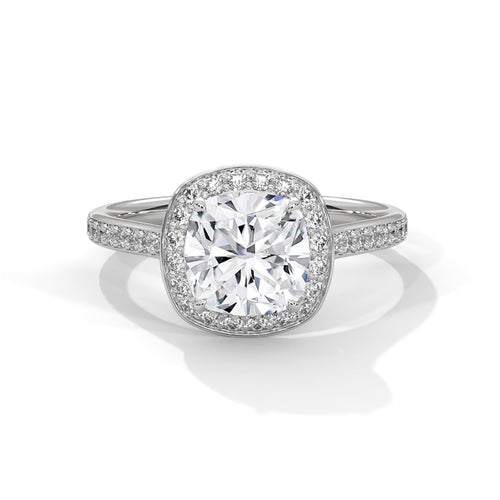 D color colorless cushion cut lab diamond halo ring in white gold