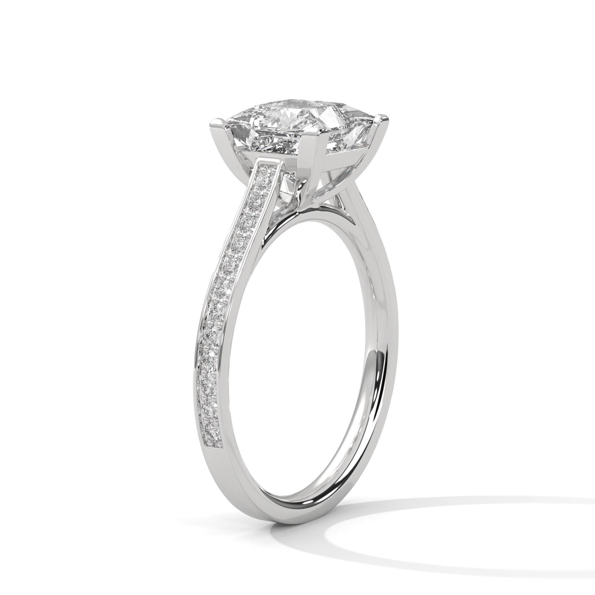 Colorless princess cut lab diamond pave cathedral ring in rose gold