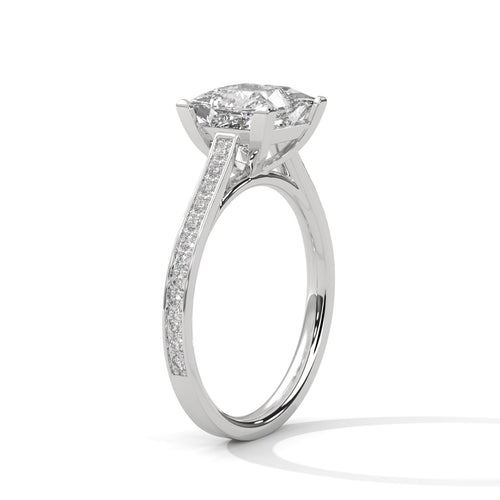 Colorless princess cut lab diamond pave cathedral ring in rose gold