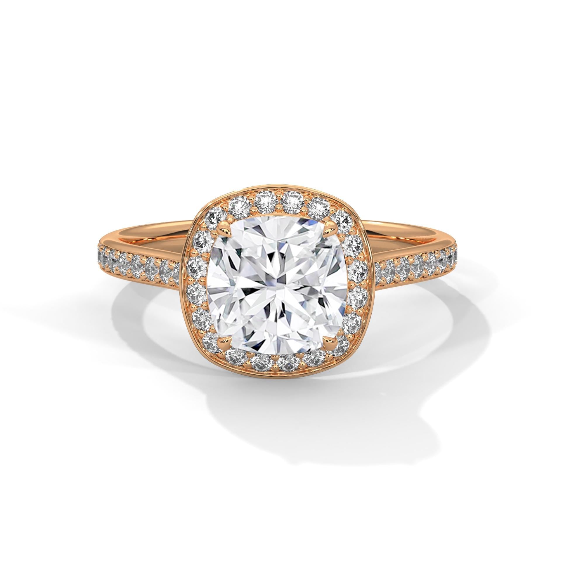 Cushion cut lab grown diamond halo ring with pavé diamond band in rose gold