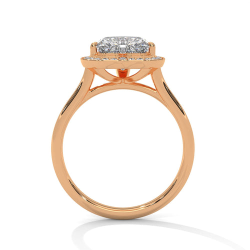 Rose gold heart halo engagement ring featuring a shimmering pavé diamond shank