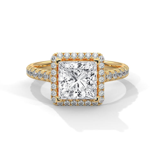 Colorless princess cut lab diamond halo cathedral ring in 14K yellow gold