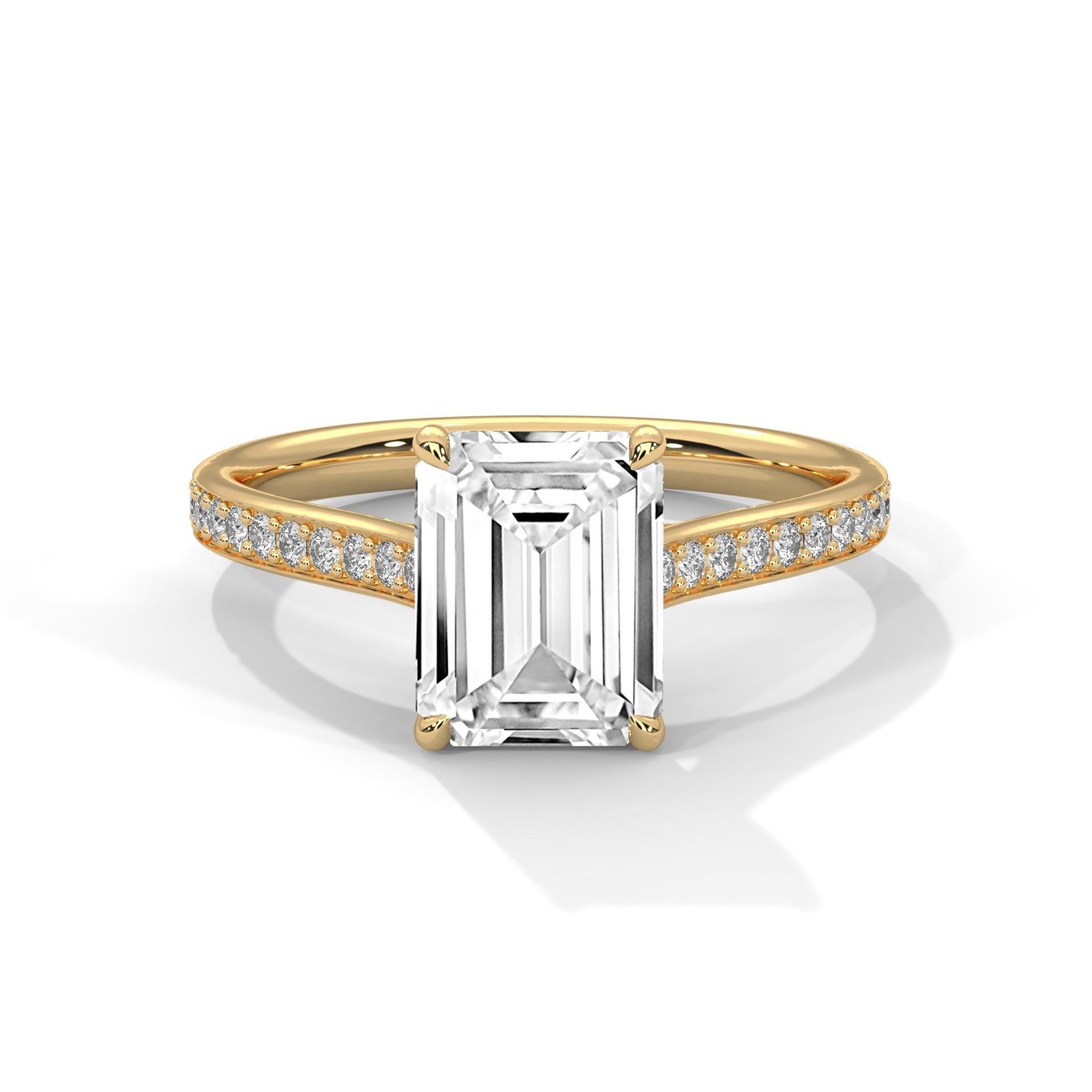 1 to 3 carat emerald cut lab diamond pave cathedral ring in yellow gold