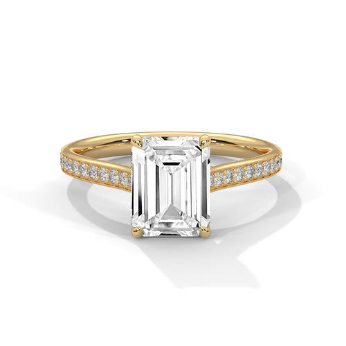 1 to 3 carat emerald cut lab diamond pave cathedral ring in yellow gold