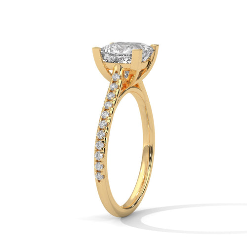 Underside view of yellow gold cathedral arches for princess brilliant diamond