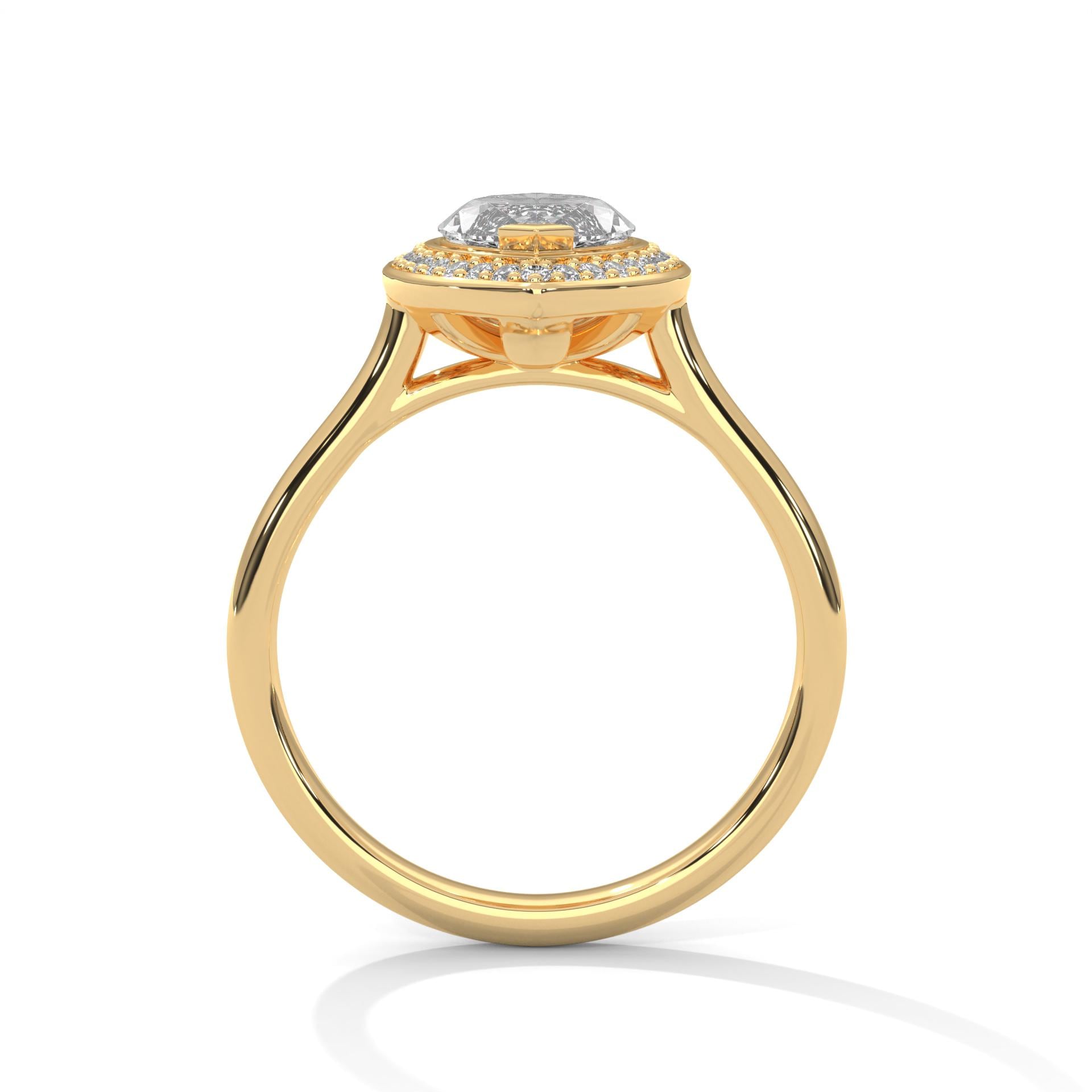 Side view of yellow gold marquise halo engagement ring showing secure V-prongs