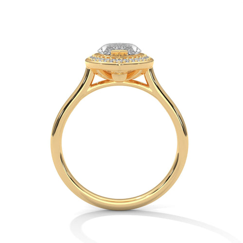 Side view of yellow gold marquise halo engagement ring showing secure V-prongs