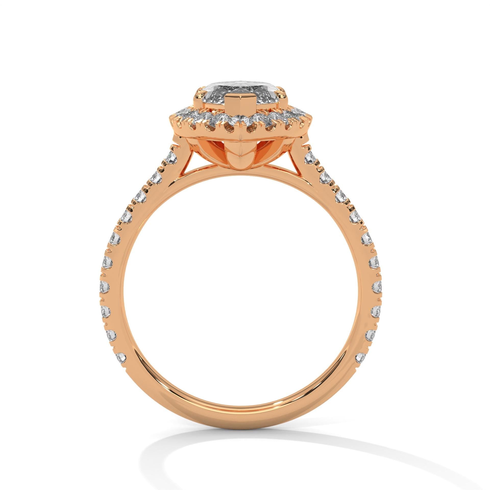 Rose gold marquise halo solitaire with high-profile V-tip setting