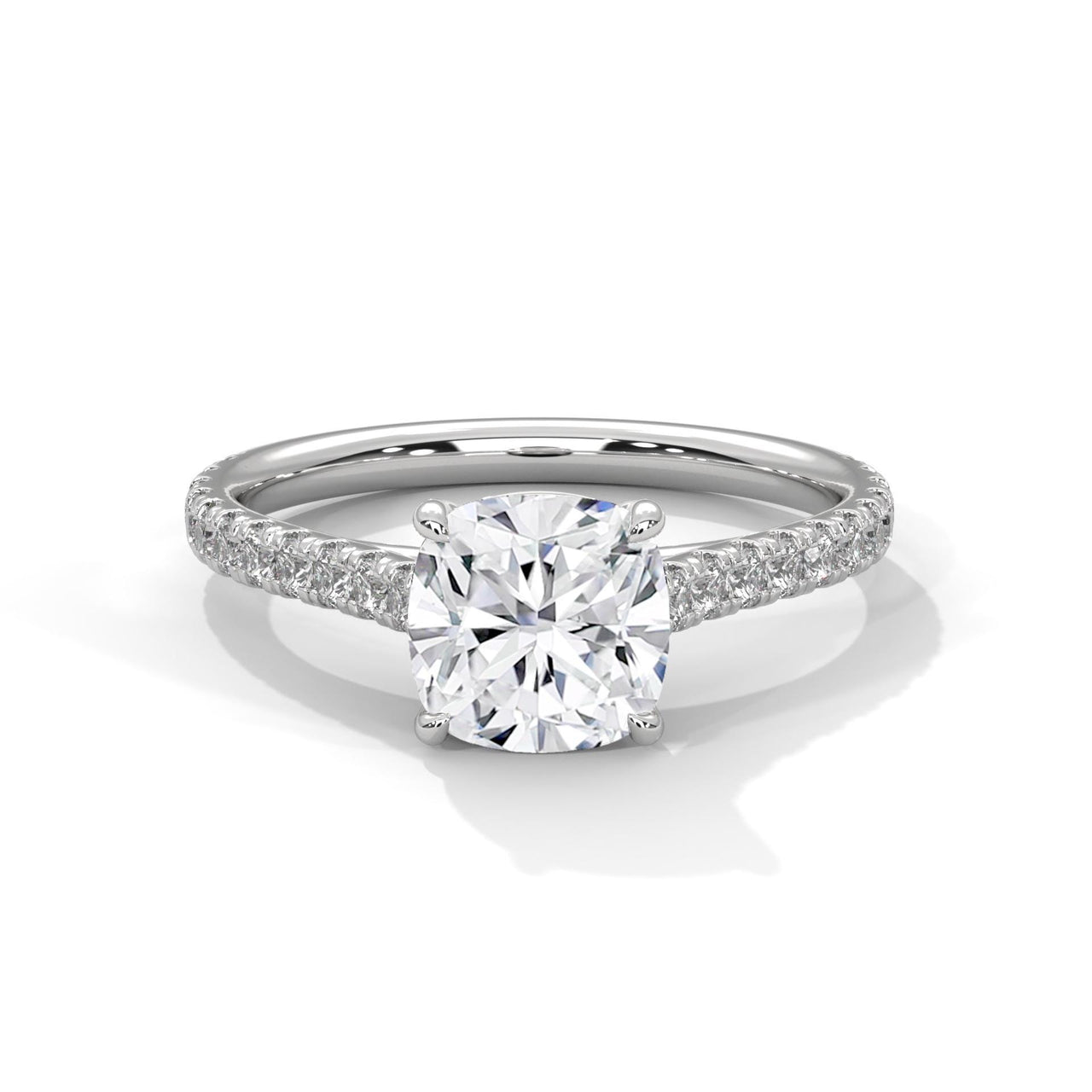 1 to 3 carat cushion lab diamond pave cathedral solitaire in white gold