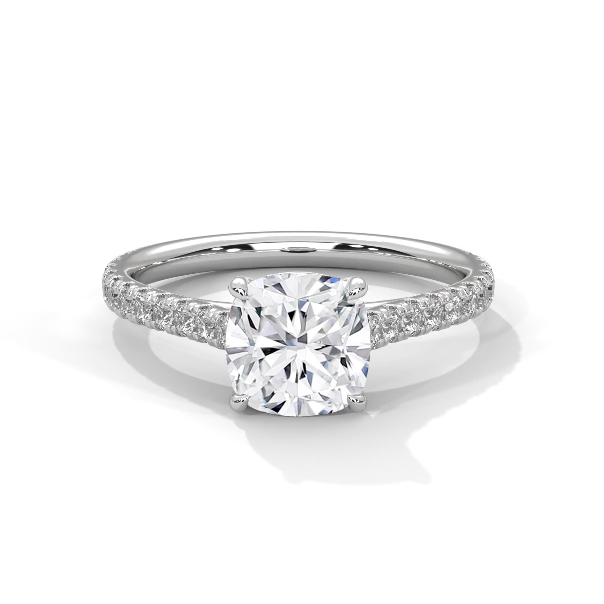 1 to 3 carat cushion lab diamond pave cathedral solitaire in white gold