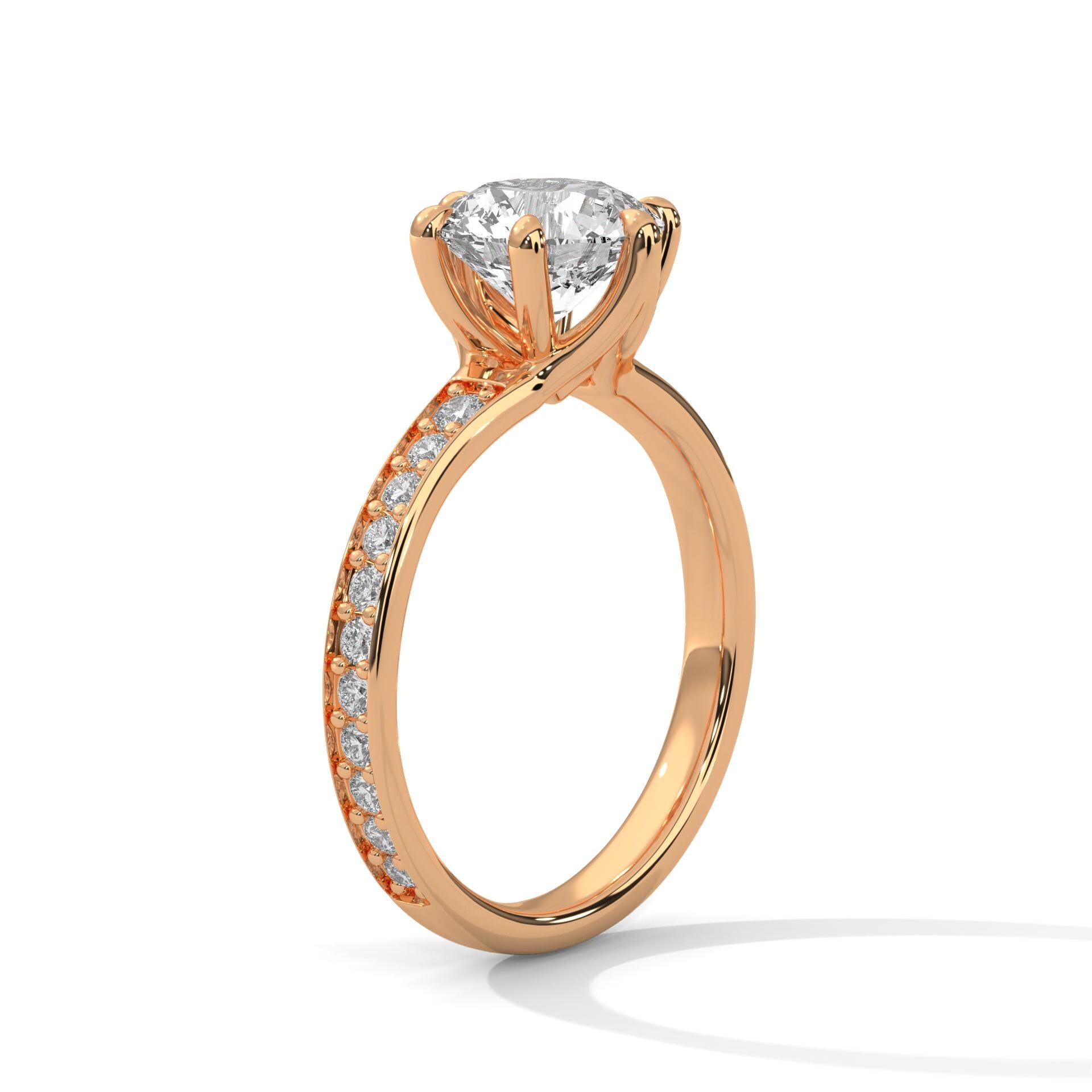 Architectural rose gold 6-prong cathedral setting for round brilliant diamond