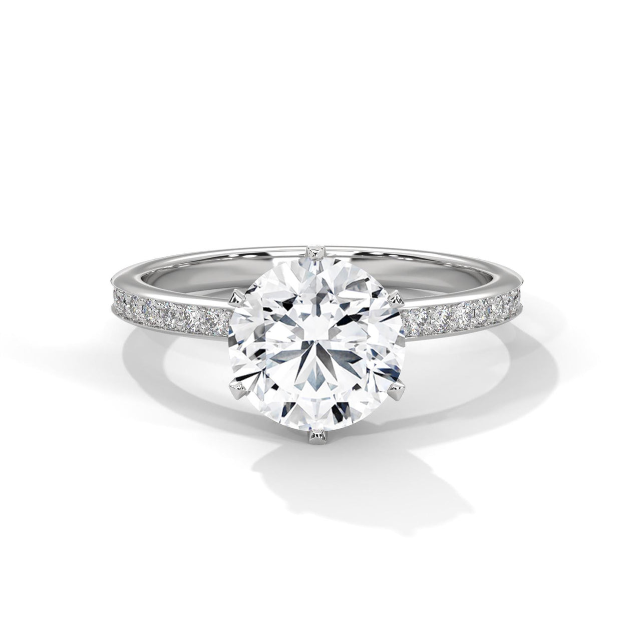 Round brilliant lab grown diamond 6-prong pave engagement ring in white gold