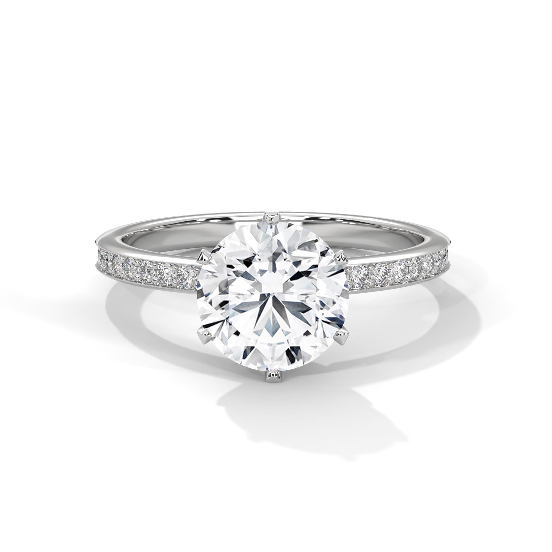 Round brilliant lab grown diamond 6-prong pave engagement ring in white gold