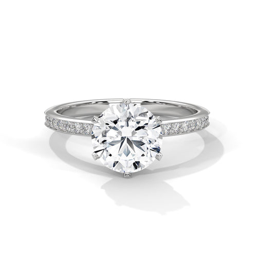 Round brilliant lab grown diamond 6-prong pave engagement ring in white gold