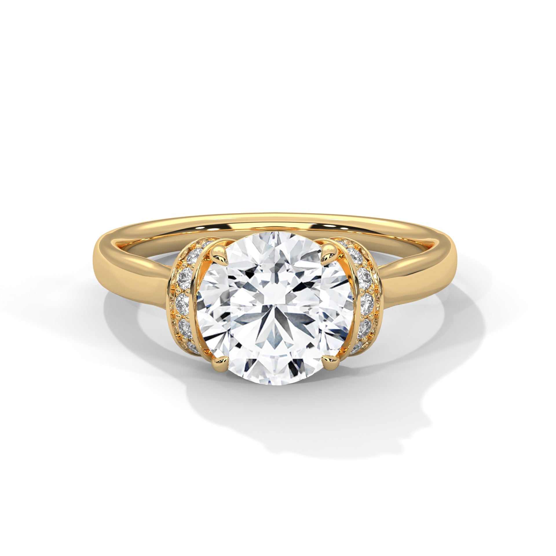 Round brilliant lab-grown diamond engagement ring with a hidden halo in solid 14k yellow gold.