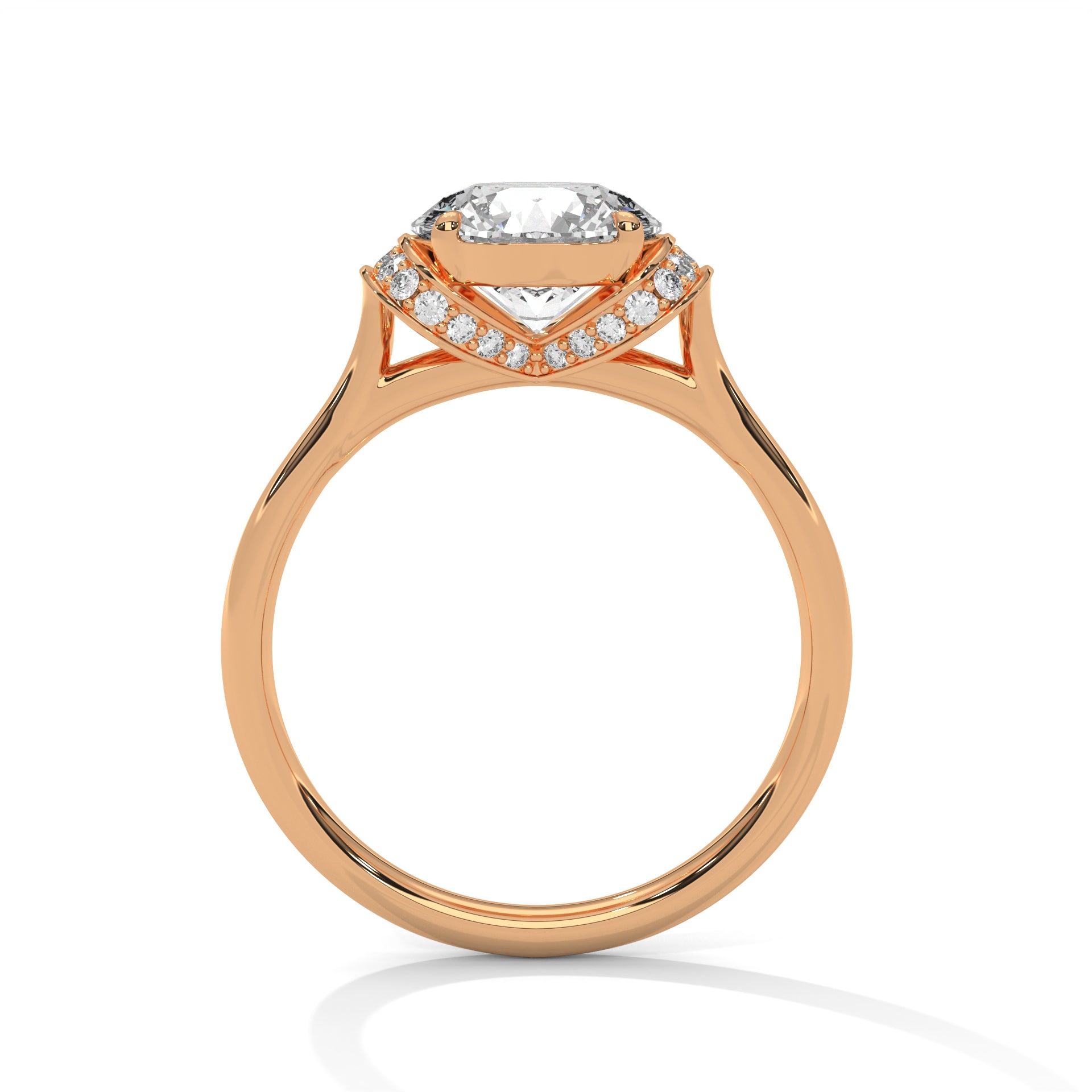 Detailed side view of a round diamond hidden halo mount in polished rose gold.