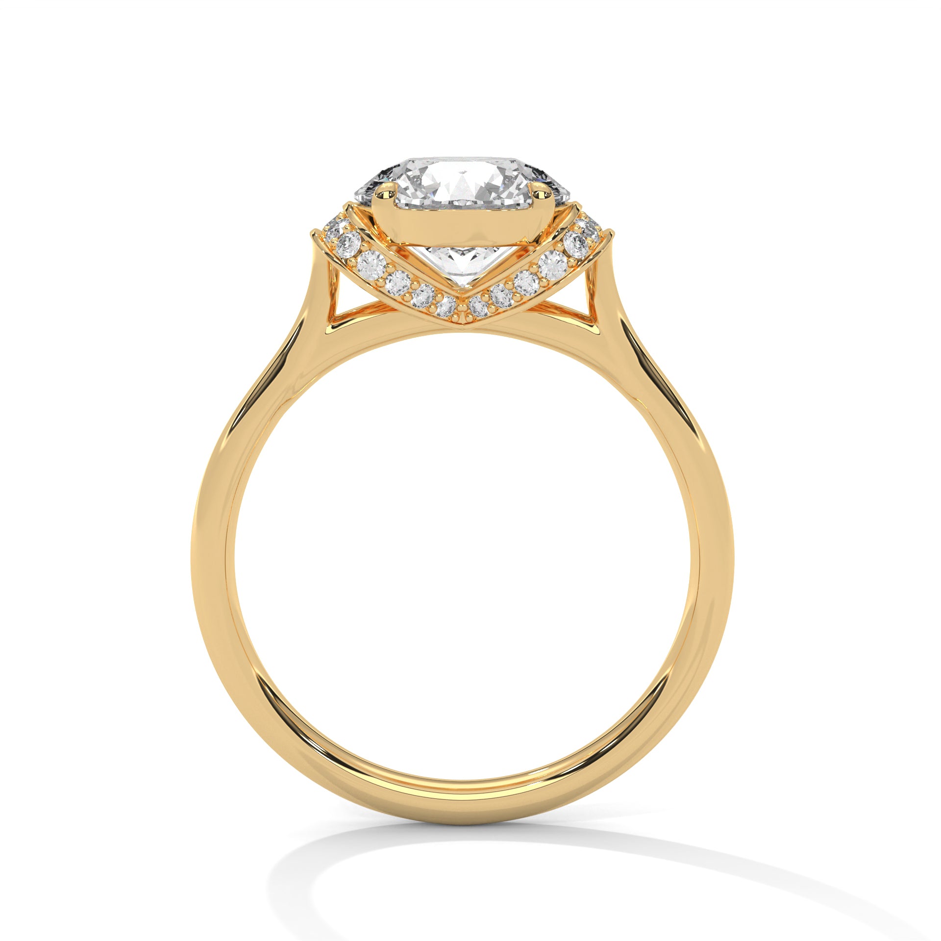 Side profile of a four-prong hidden halo setting in polished yellow gold.