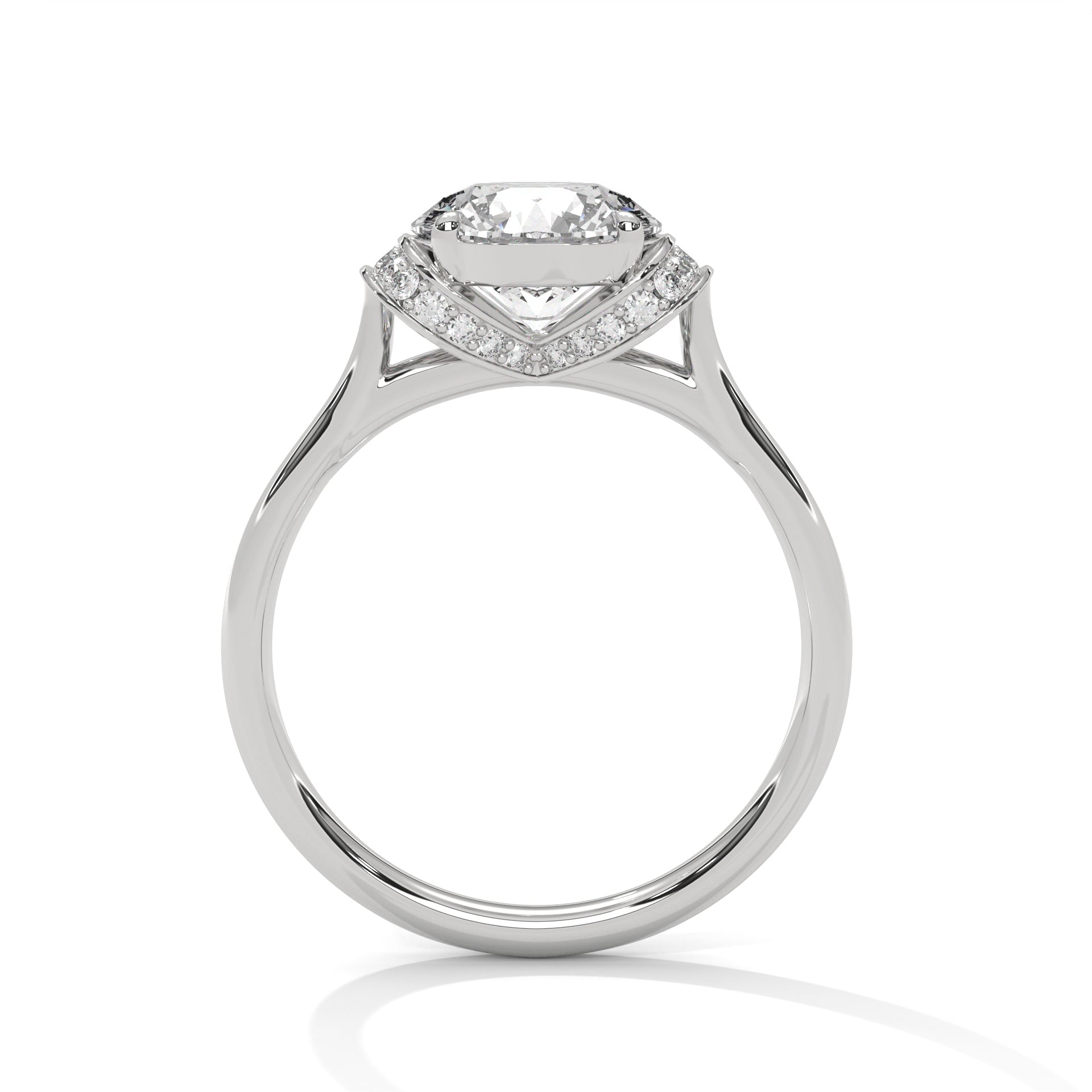 Side view of a round diamond engagement ring showcasing the pavé-set hidden halo in white gold.