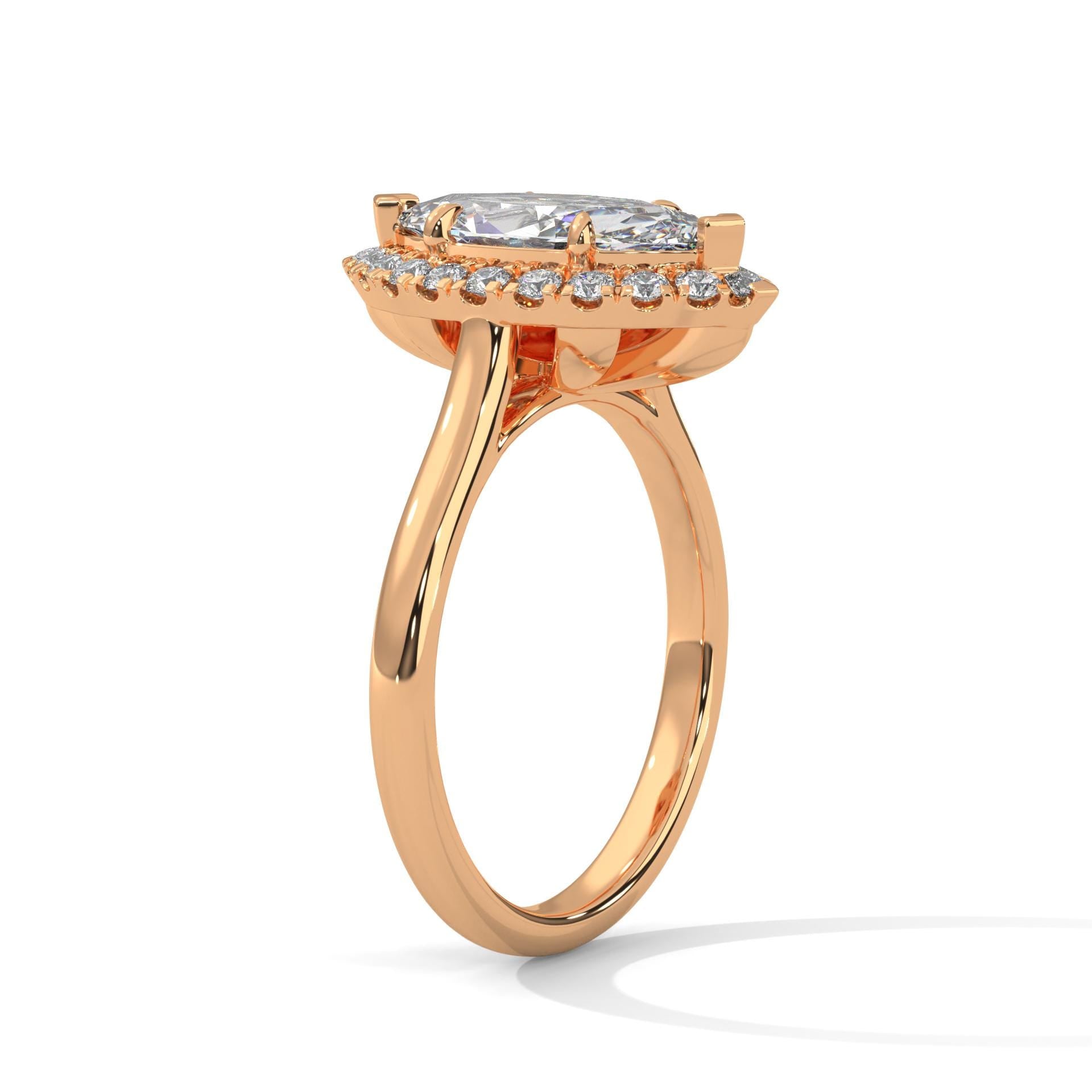 Underside view of rose gold 6-prong halo setting for marquise diamond