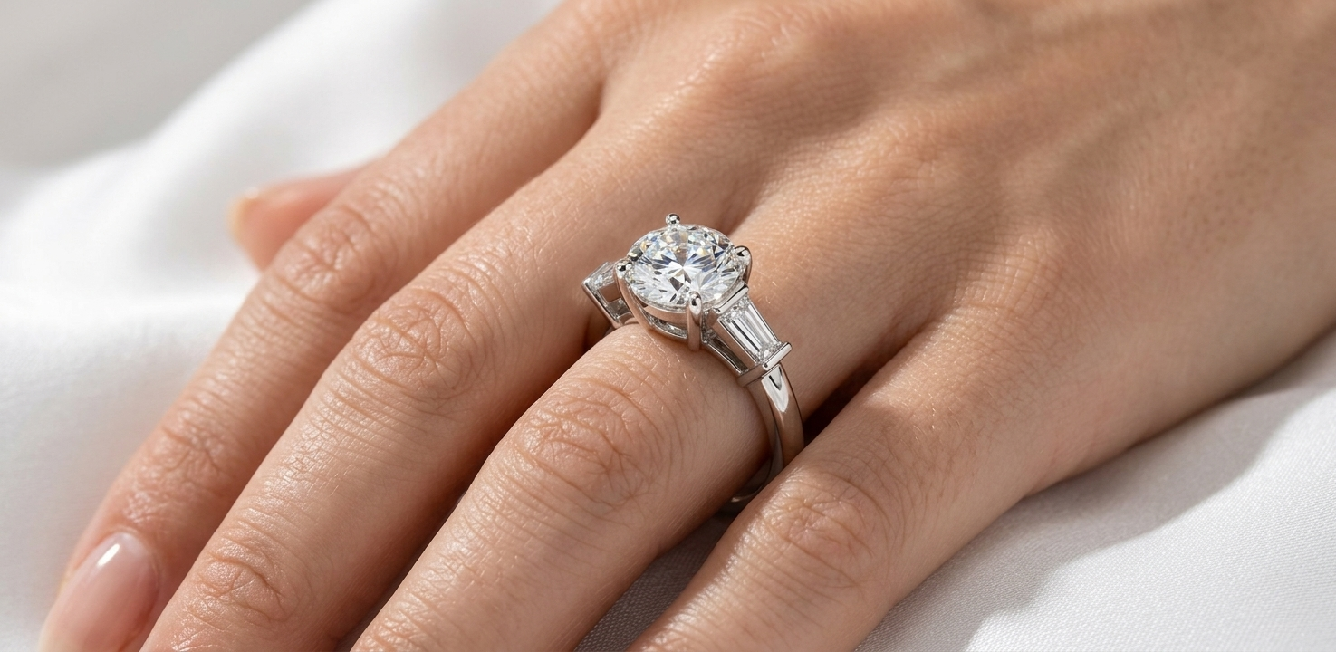 A classic three-stone diamond engagement ring set in white gold displayed elegantly on a model's finger.