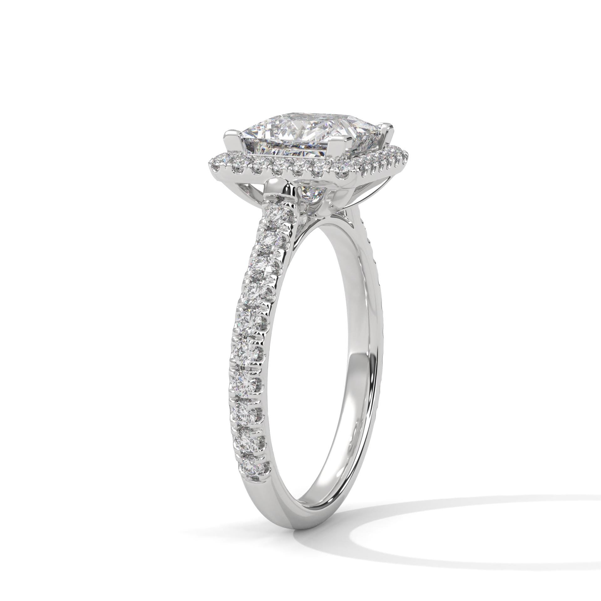Architectural white gold cathedral setting for princess cut halo diamond