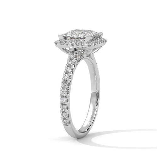 Architectural white gold cathedral setting for princess cut halo diamond