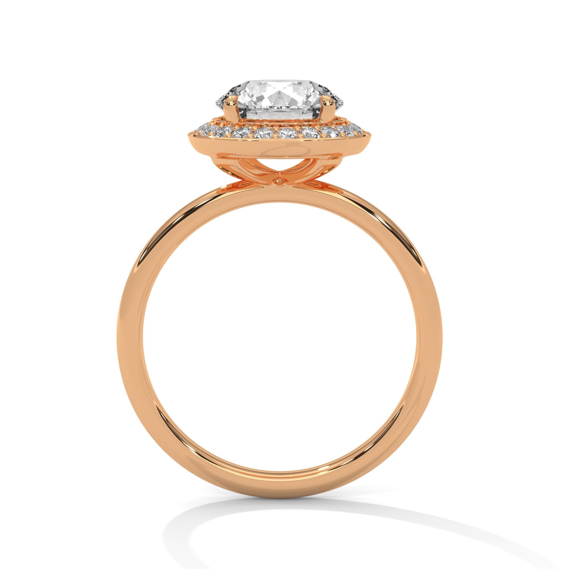 Architectural rose gold 4-prong halo setting for round brilliant diamond.