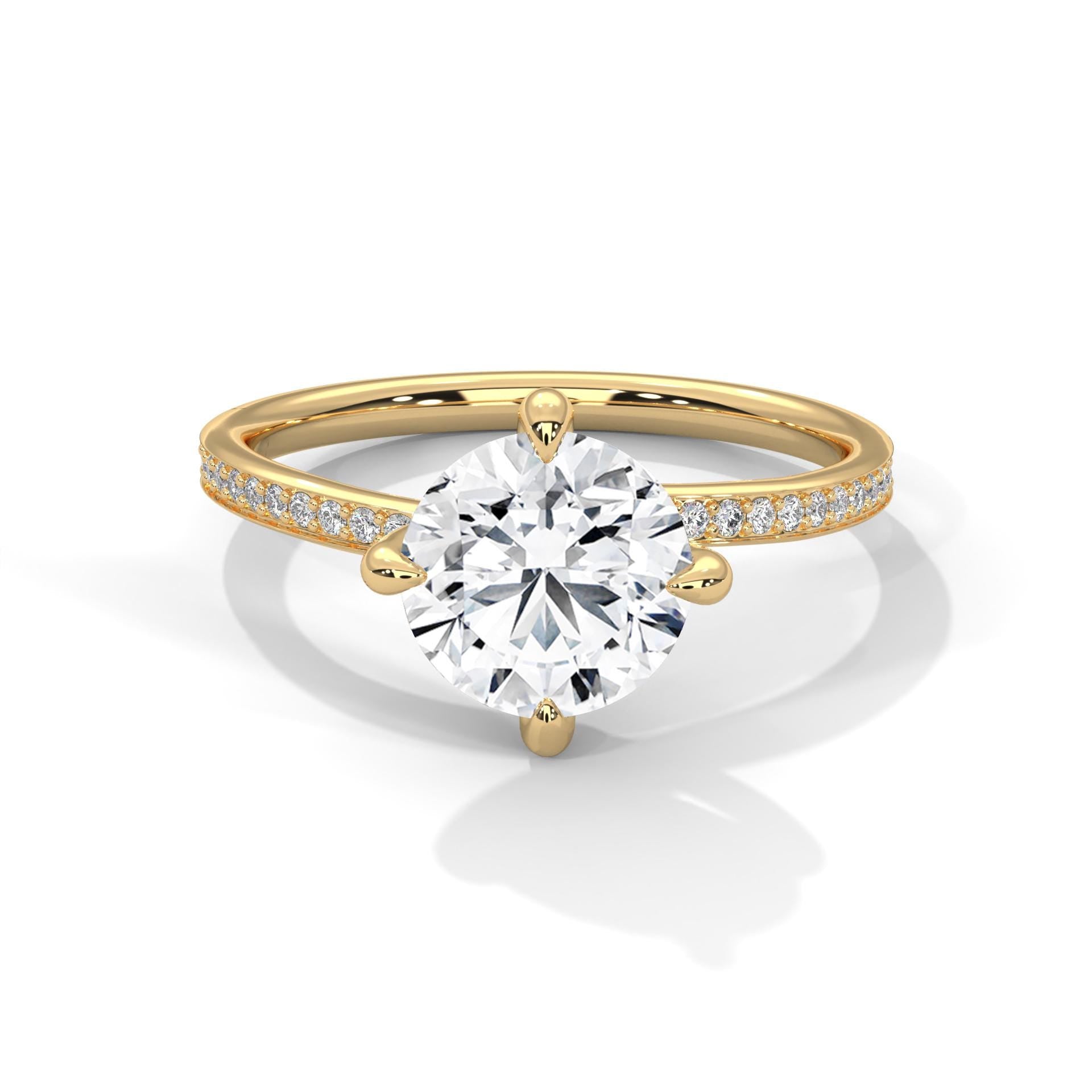 Colorless round cut lab diamond pave solitaire ring in yellow gold