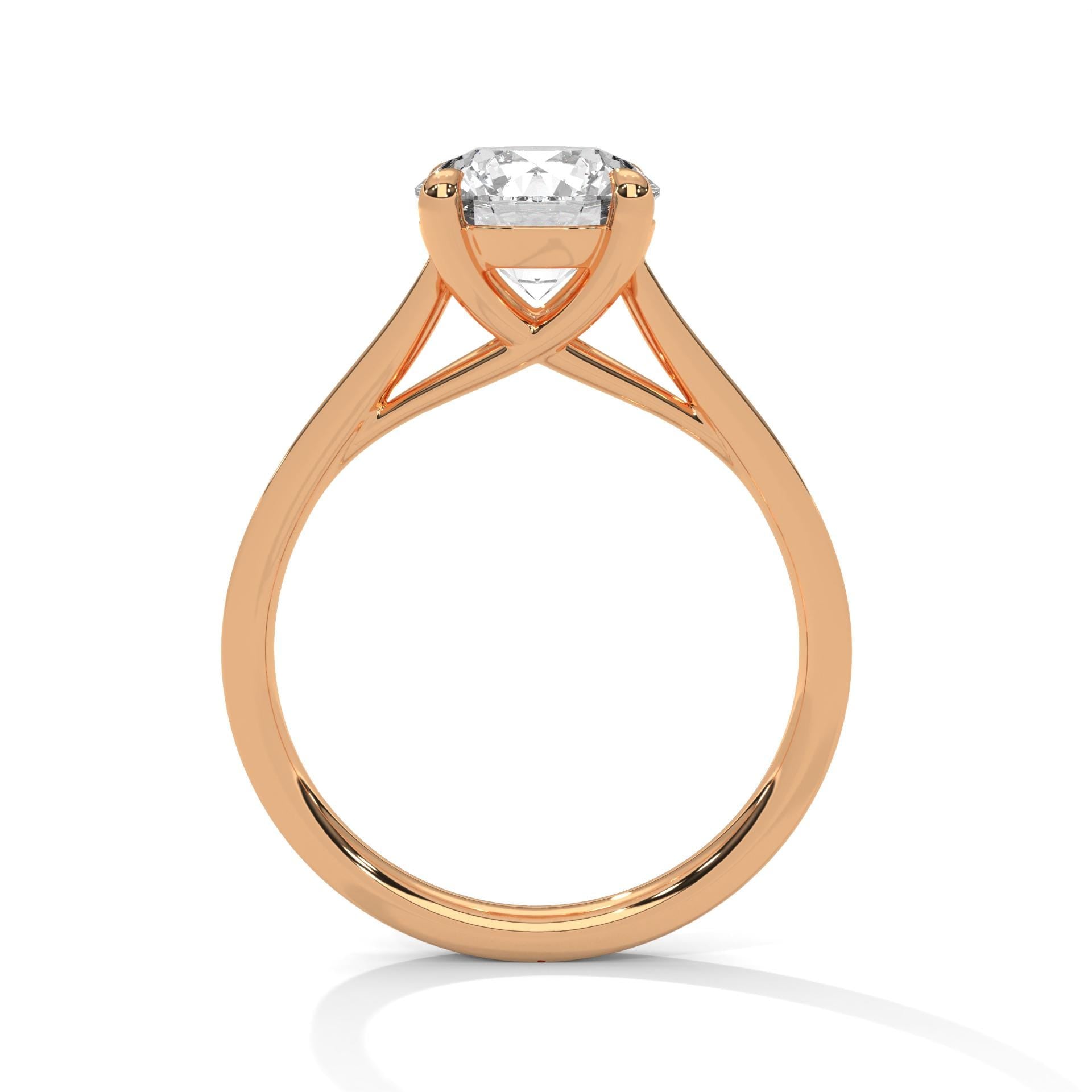 Rose gold round cathedral engagement ring featuring a shimmering pavé diamond shank