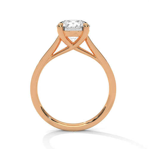 Rose gold round cathedral engagement ring featuring a shimmering pavé diamond shank