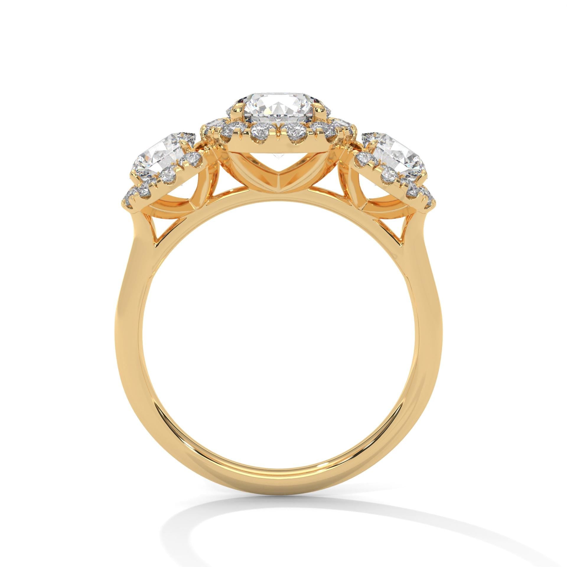 Side view of yellow gold three-stone ring showing architectural cathedral arches