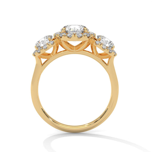 Side view of yellow gold three-stone ring showing architectural cathedral arches