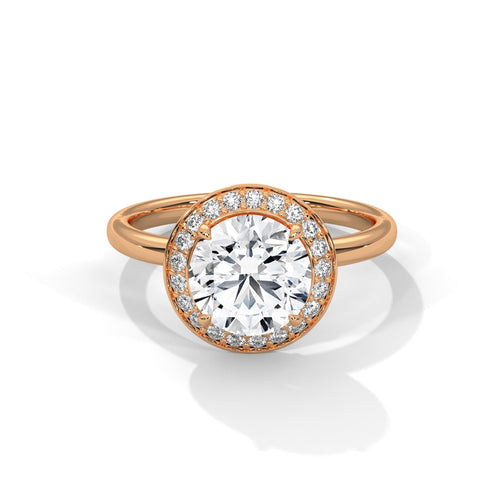 Round brilliant lab grown diamond halo ring with polished rose gold band