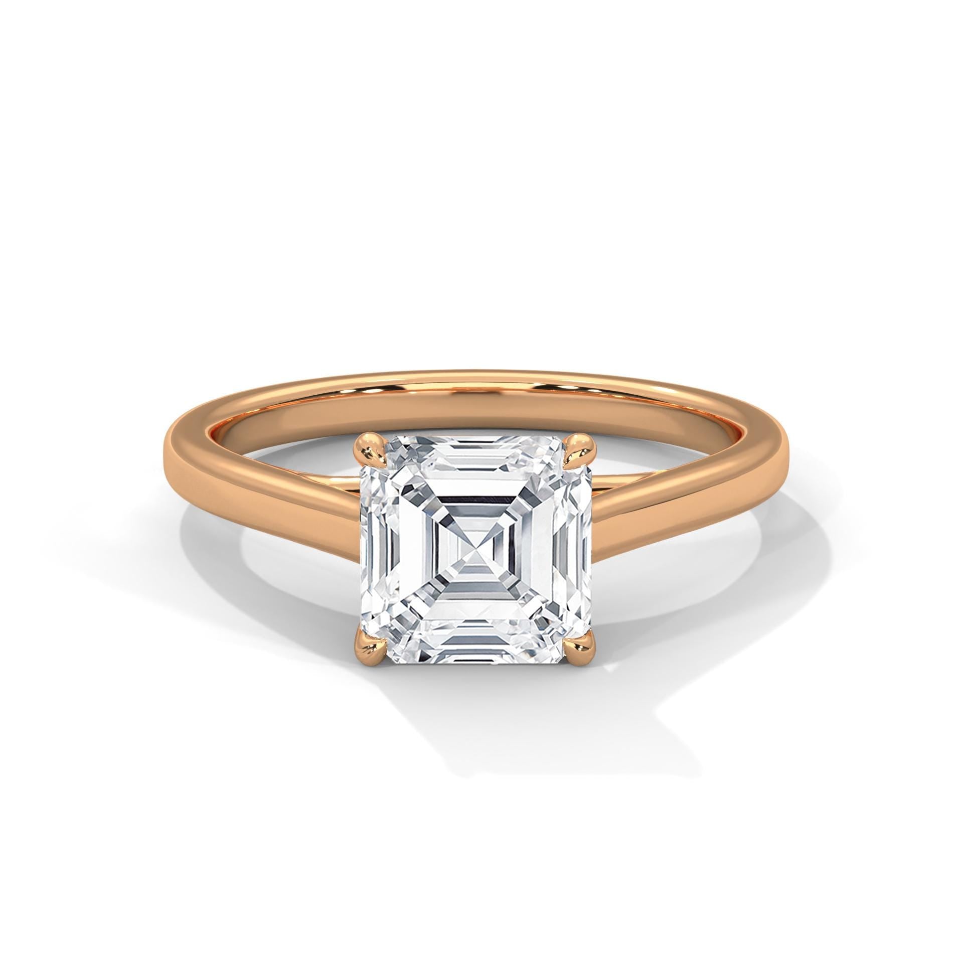 Asscher cut lab grown diamond cathedral solitaire ring in rose gold