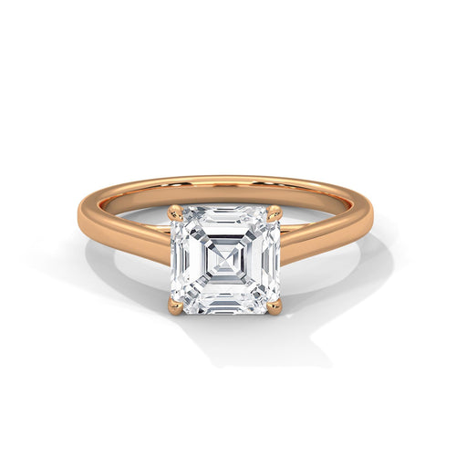 Asscher cut lab grown diamond cathedral solitaire ring in rose gold