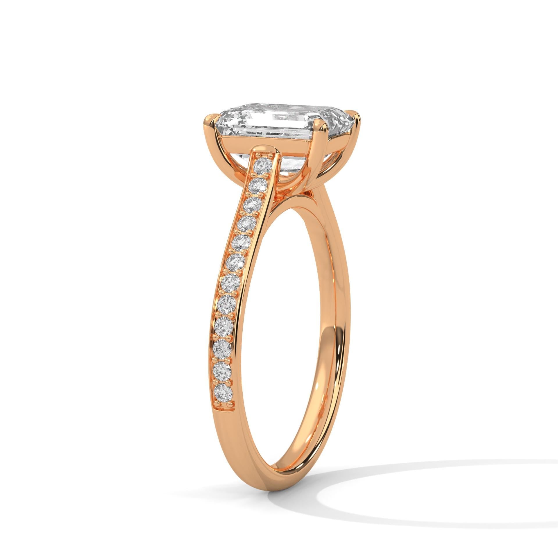 Architectural rose gold cathedral setting for emerald cut lab diamond