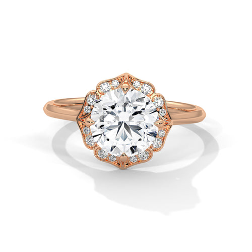 Round brilliant lab-grown diamond floral halo engagement ring in solid 18k rose gold.