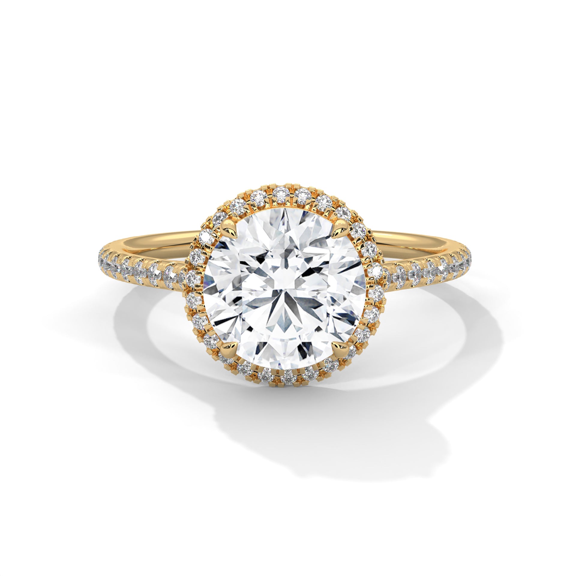 Round brilliant lab-grown diamond halo ring with a pavé-set band in solid 14k yellow gold.