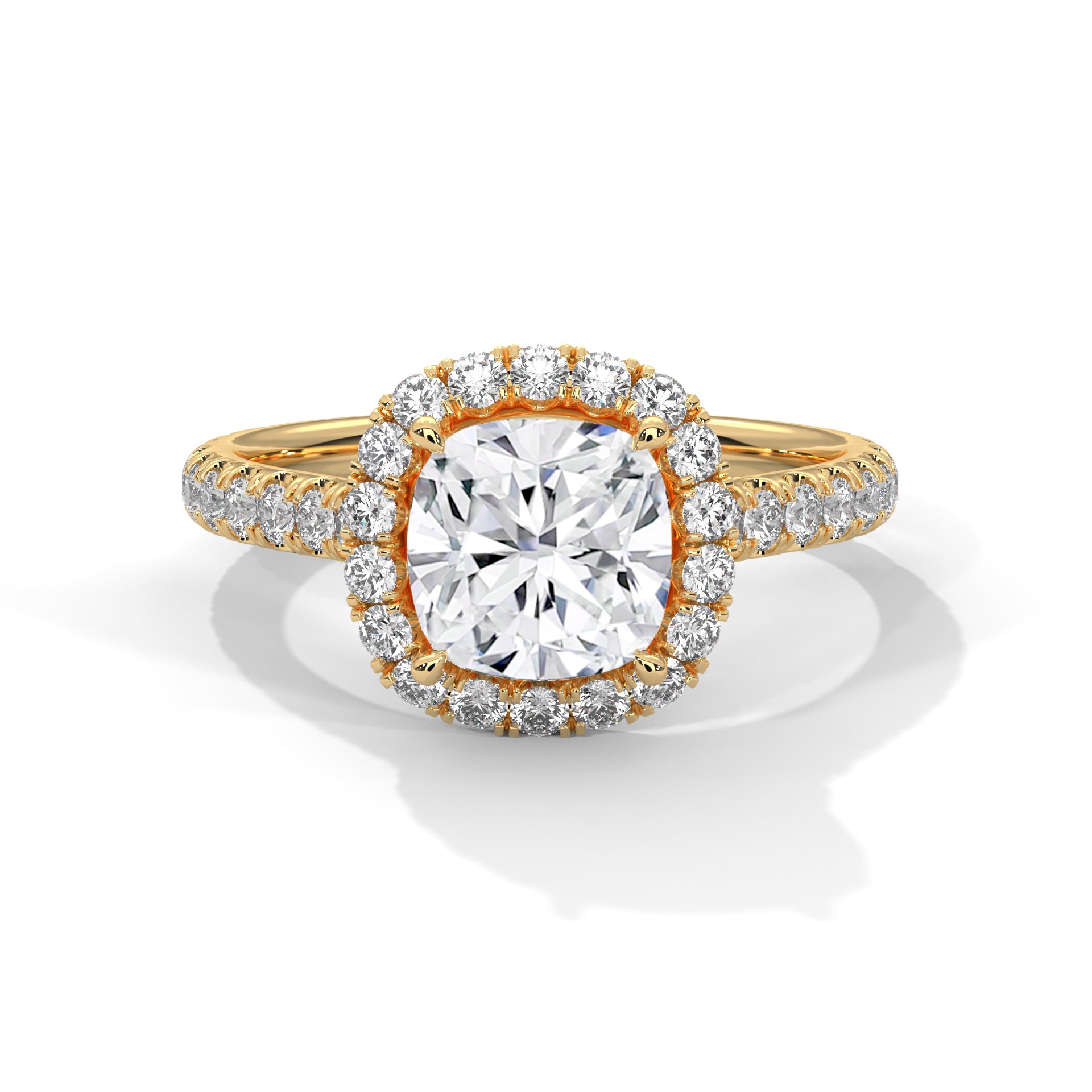 Cushion cut lab-grown diamond knife-edge solitaire engagement ring in solid 14k yellow gold.