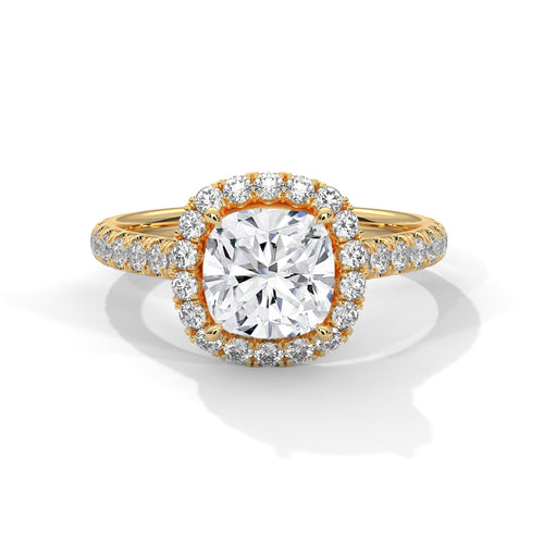 Cushion cut lab-grown diamond knife-edge solitaire engagement ring in solid 14k yellow gold.